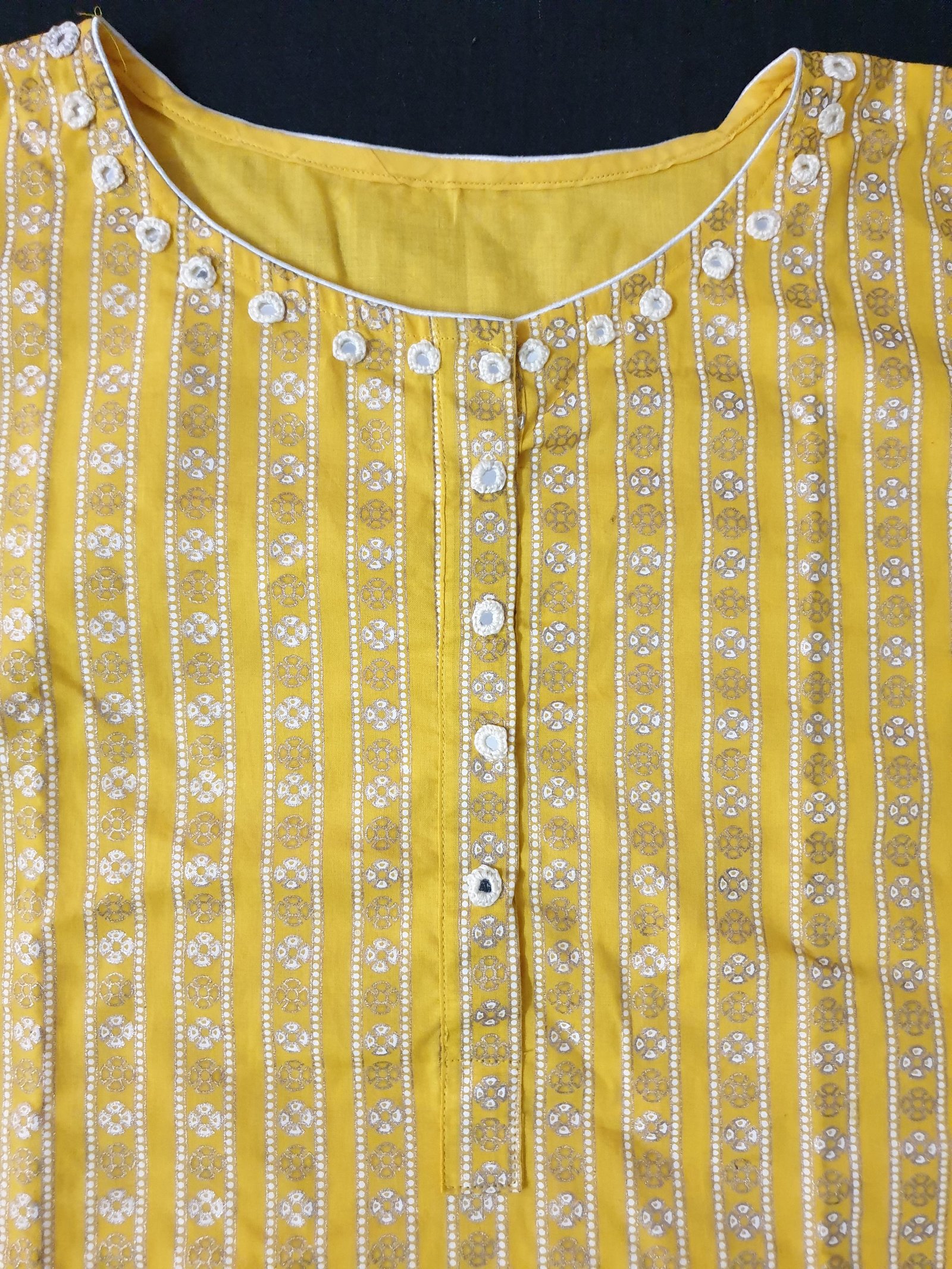 Yellow Printed Cotton Kurti with Mirror Work
