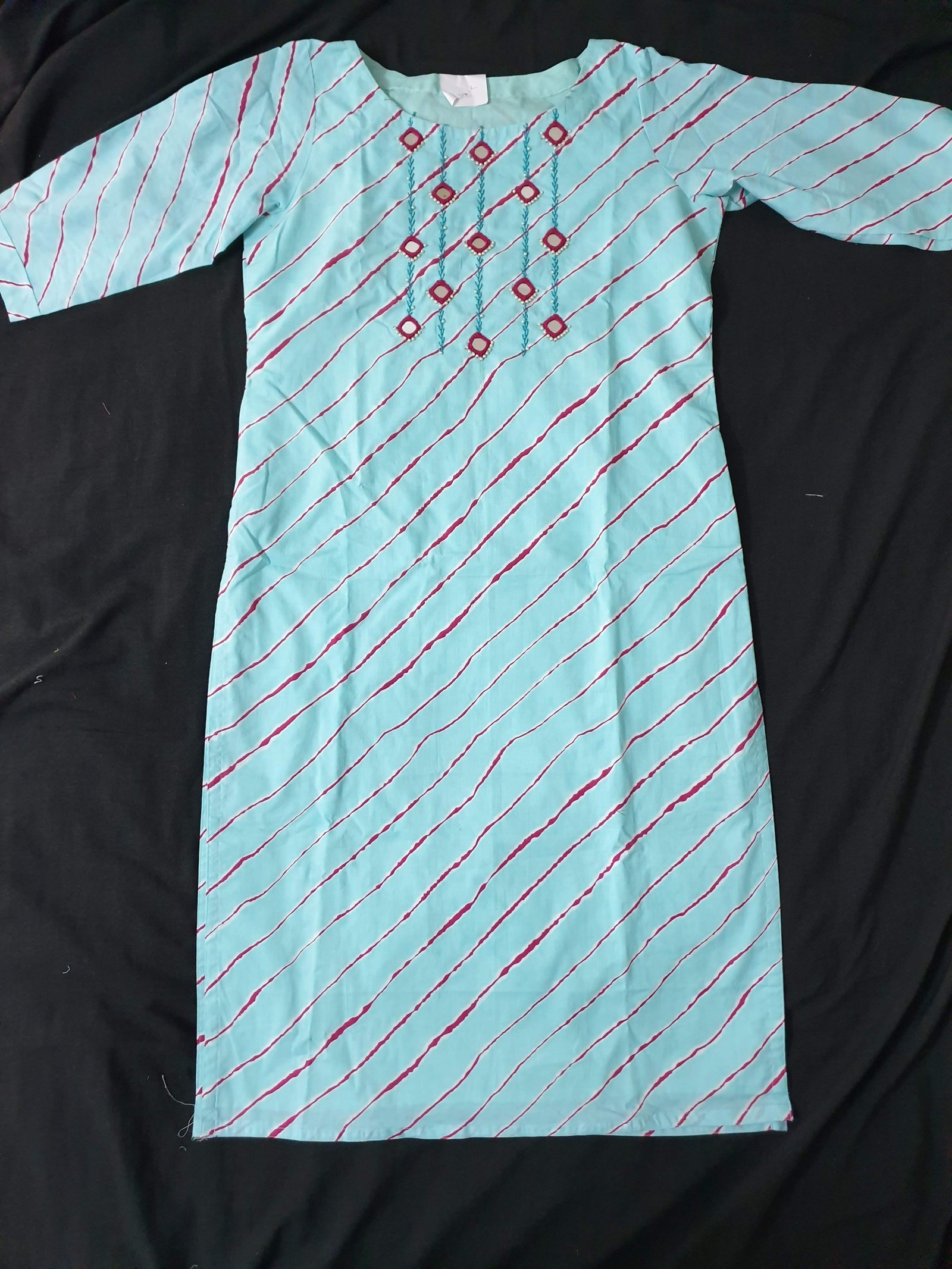 Sky Blue Lehriya Print Cotton Kurti with Mirror Work