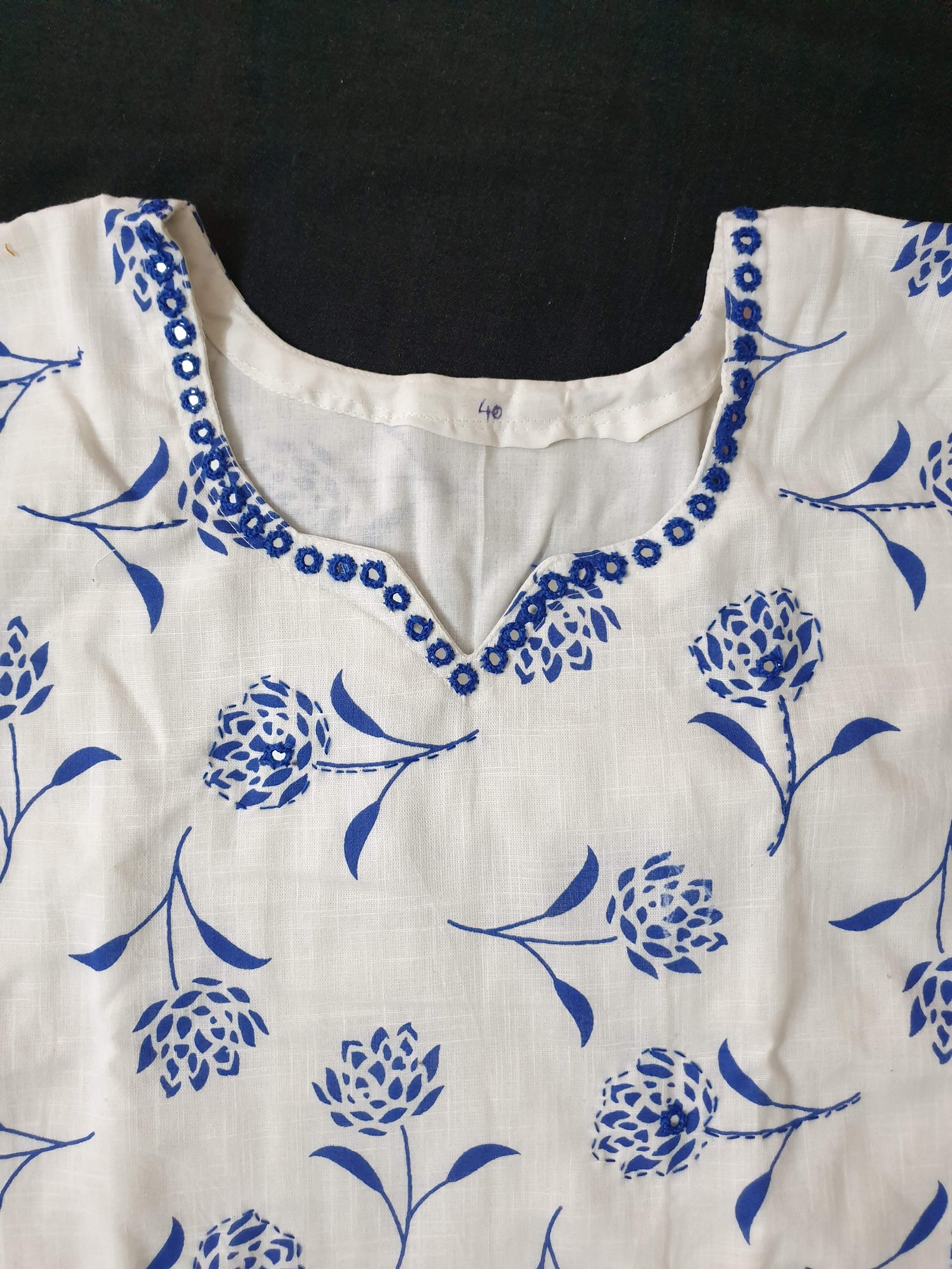 White and Blue Cotton Kurti with Front Mirror Work And Tussel